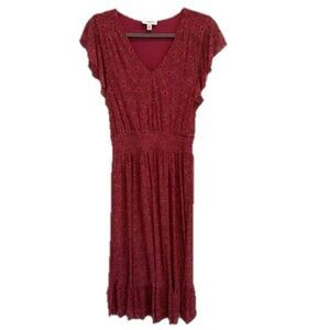 Evereve Womens Sz M Elena Short Sleeve Magenta Floral V Neck Midi Dress Ruffle